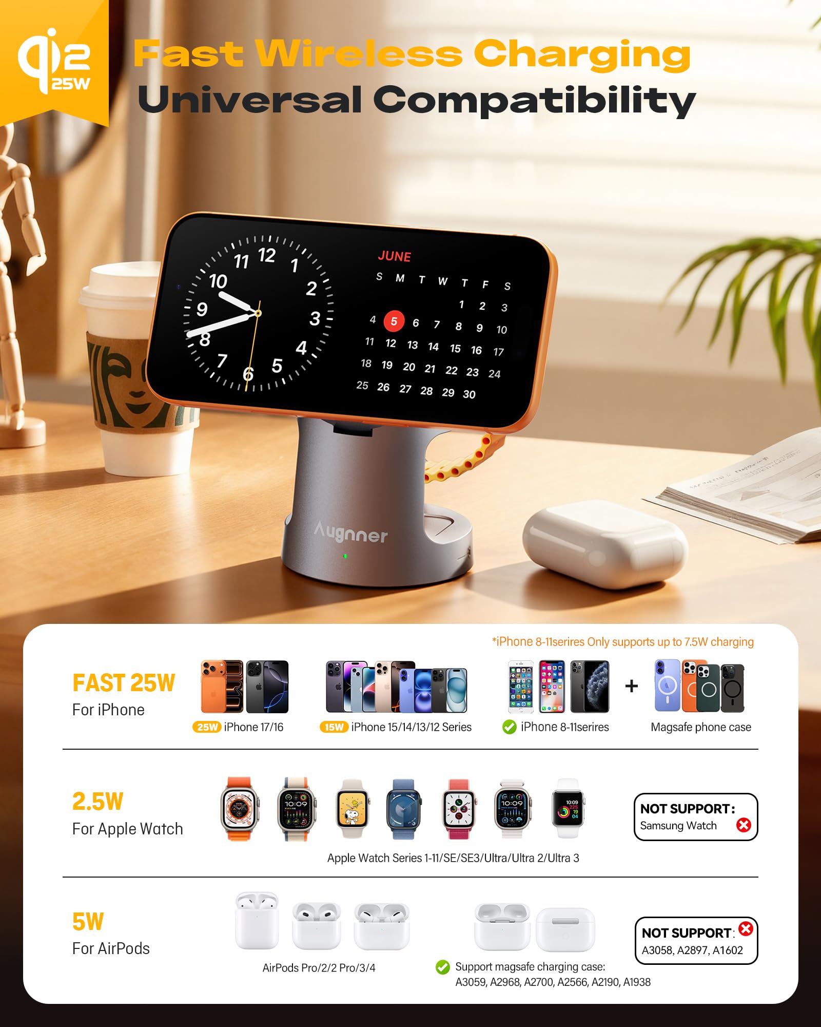 Station de Charge Magnétique Qi2.2 25W，Chargeur sans Fil 3 en 1 Pliable pour iP17/16/15/14/13/12,Support de Recharge Qi2 Compatible pour Apple Watch AirPods, Adaptateur 45W Inclus