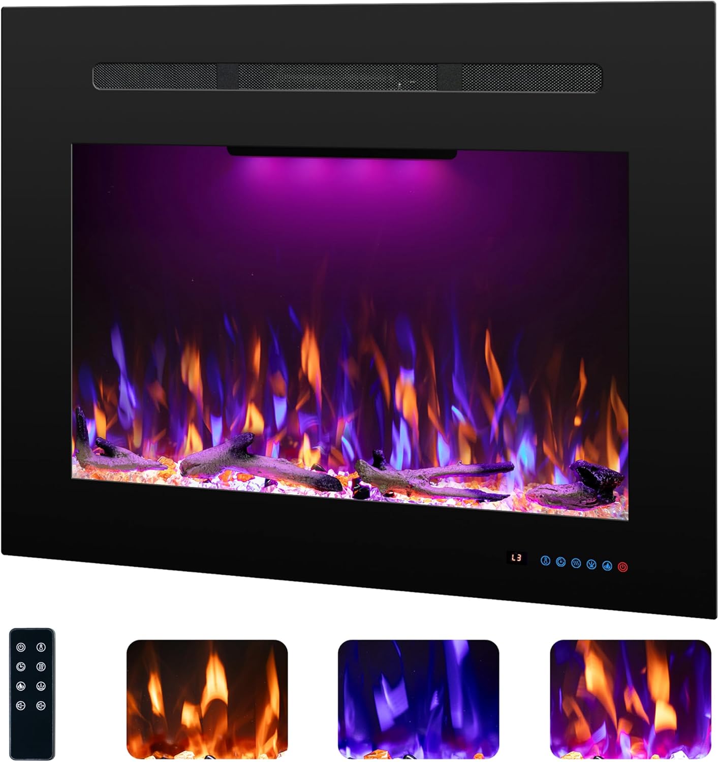 Electric Fireplace Inserts with 3 Flame & Top Light, Recessed Fireplace Heater, Thermostat, 750/1500W, Crackling Sound, Logs & Crystals, Timer, 32.2" W x 26" H Rear, No Wall Mount