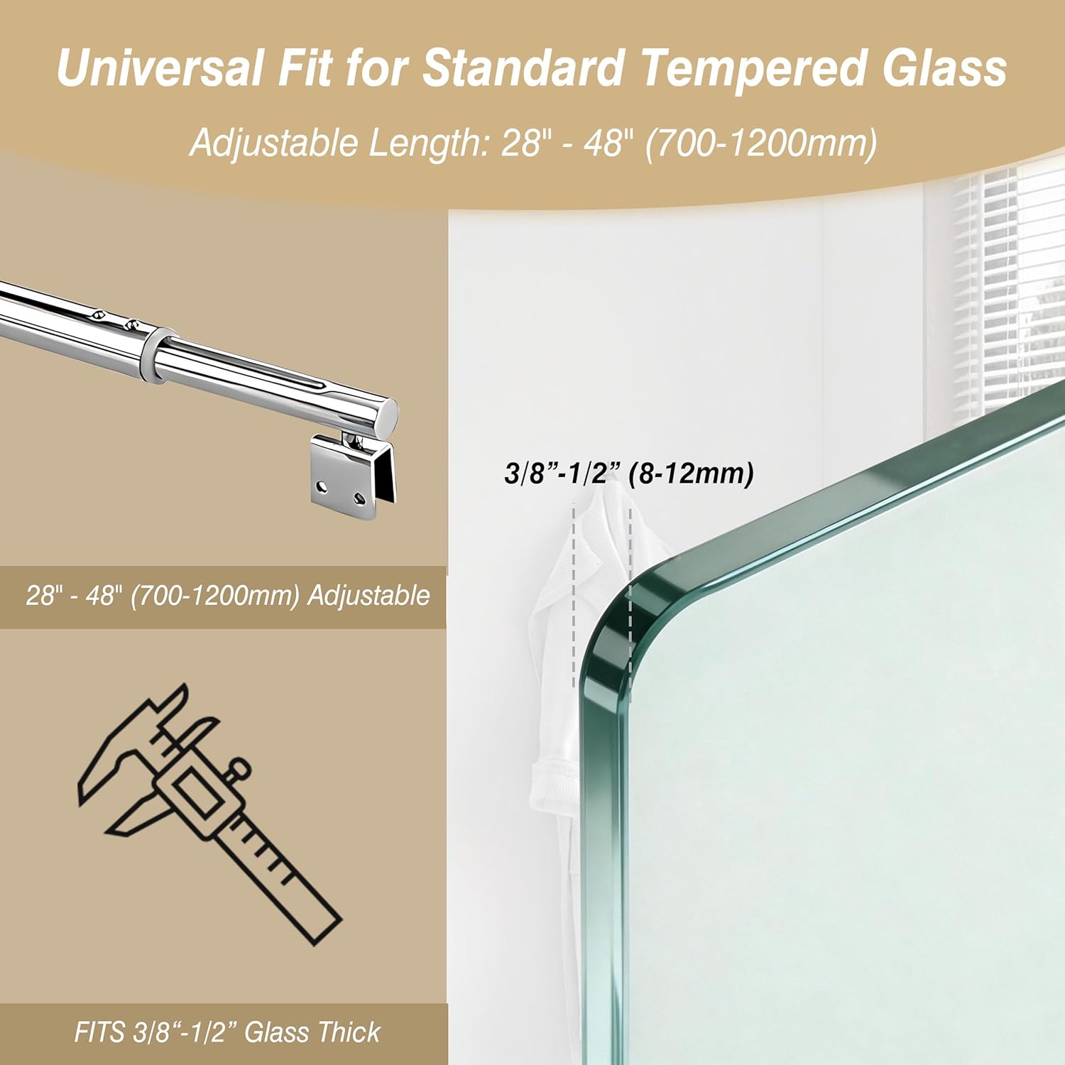 Adjustable Glass to Glass Shower Support Bar 27.5" to 47"(700-1200mm), Frameless Shower Stabilizer Bar for 8-12mm Tempered Glass, Stainless Steel Shower Enclosure Brace Rod