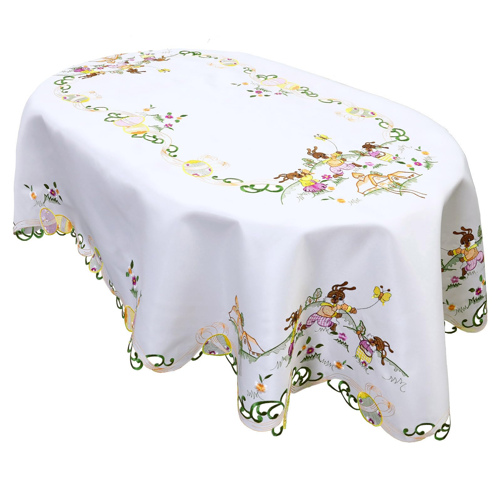 Simhomsen Embroidered Easter Bunny Tablecloth with Butterfly Design (Oval 58 × 88 Inches)