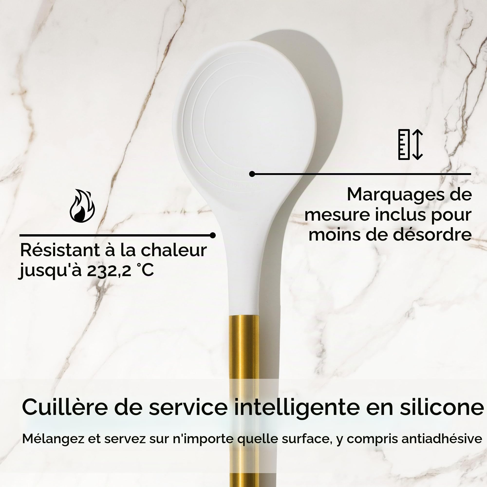 Lot de 6 ustensiles de cuisine dorés en silicone blanc et doré avec spatule, fouet, pince, cuillères, ustensiles de cuisine antiadhésifs - Accessoires de cuisine de luxe pour chefs à domicile