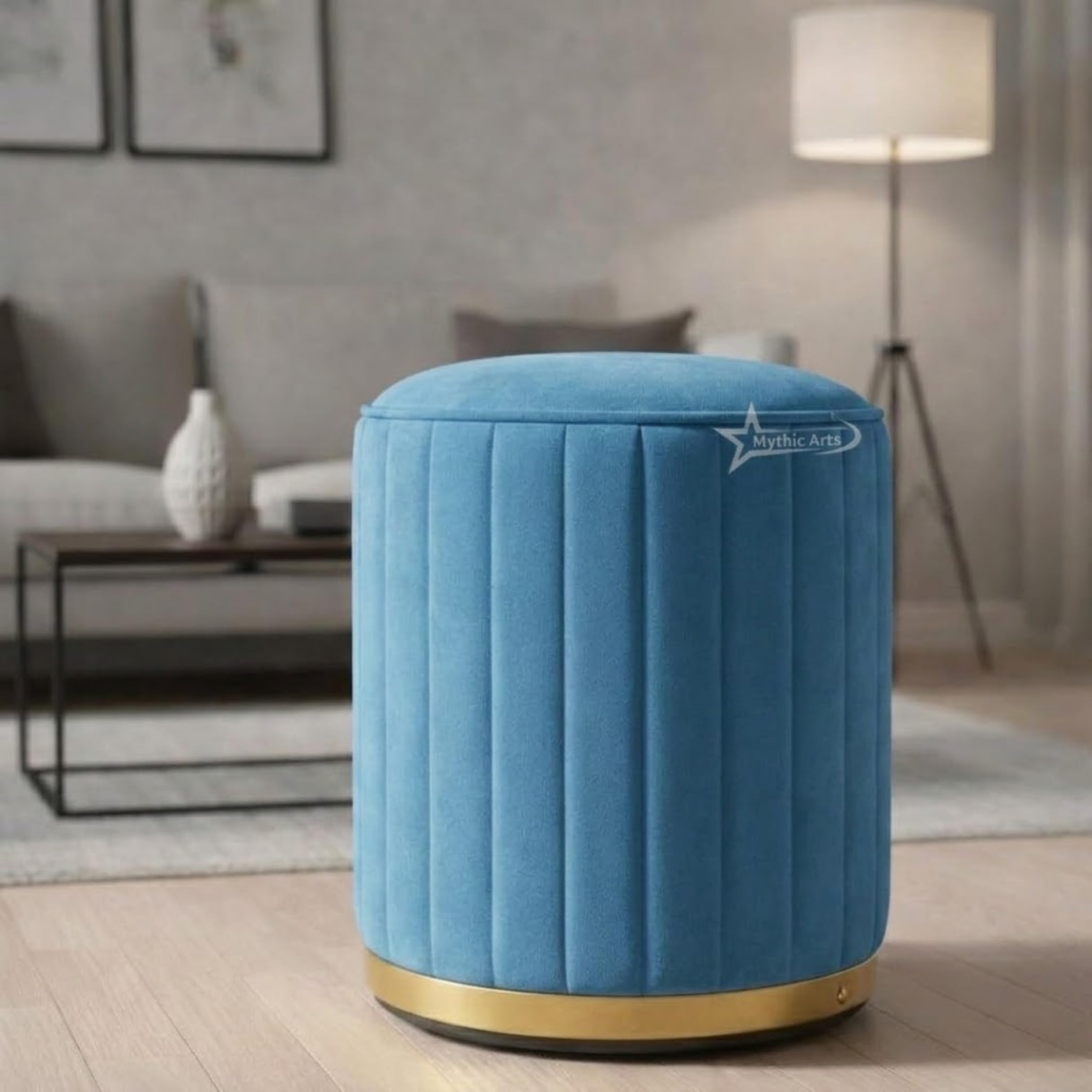 Upholstered Round Linen Strip Stool Living Room Foot Rest Office Stool Pouf Ottoman Padded Seat (Sky Blue)-image-18