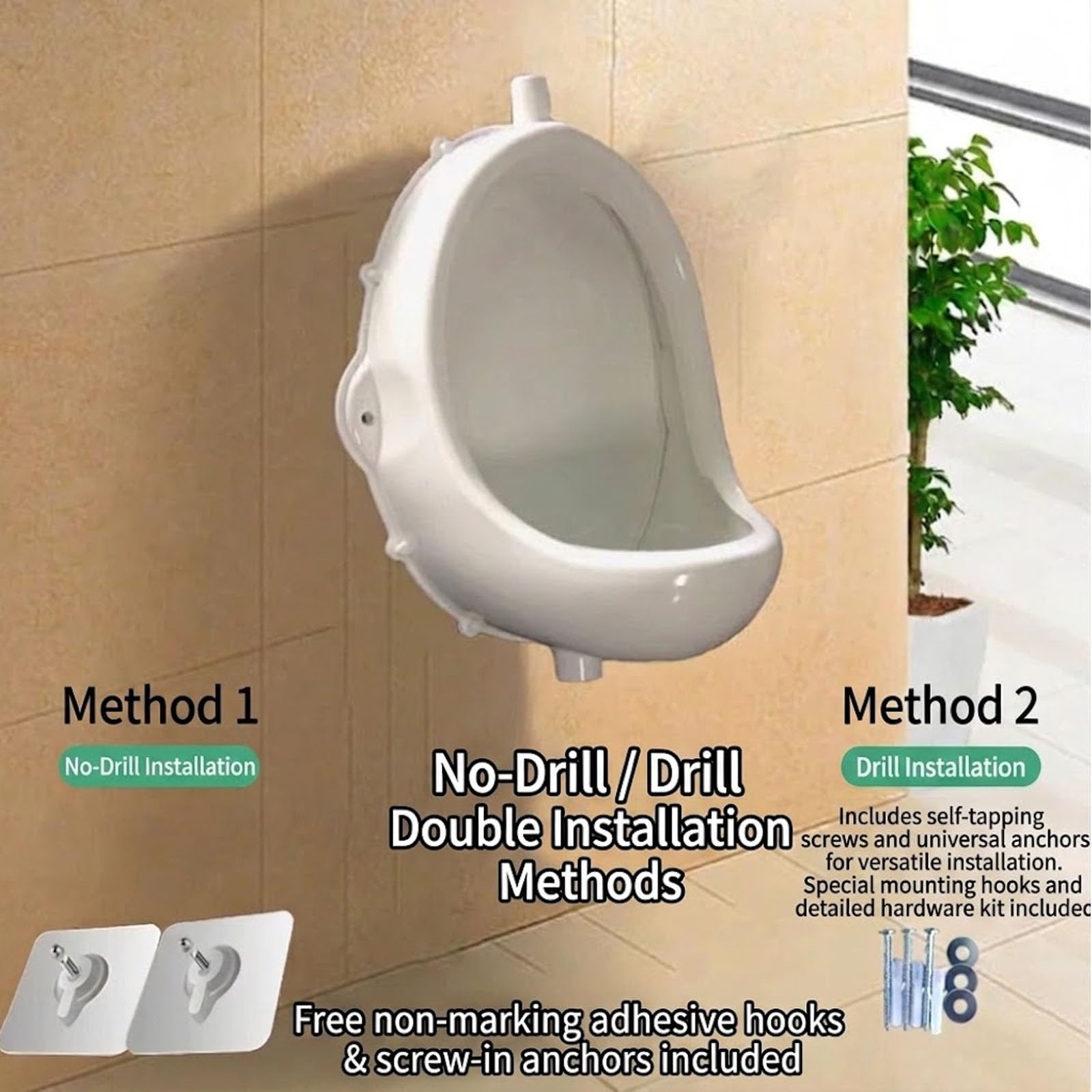 Urinal de Plástico con Sistema de Válvula y Sifón Anti-Olor – Montaje Mural de Alta Resistencia, Diseño Compacto, Blanco, para Garaje, Taller y Oficina