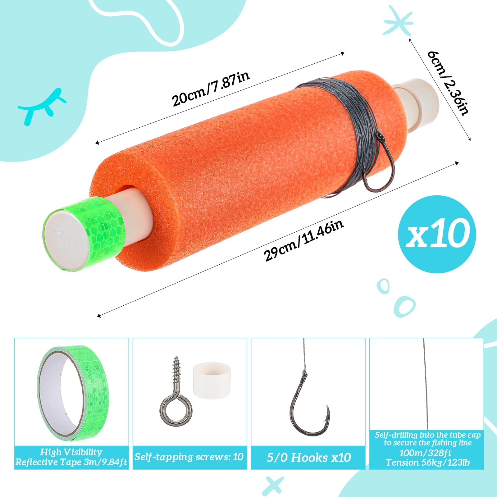 Threehoney 10 Set 11.46 Inch Catfish Noodle Jugs Fishing Noodles Orange Catfish Jugs Fishing Lines Rig Tackle for Catfishing