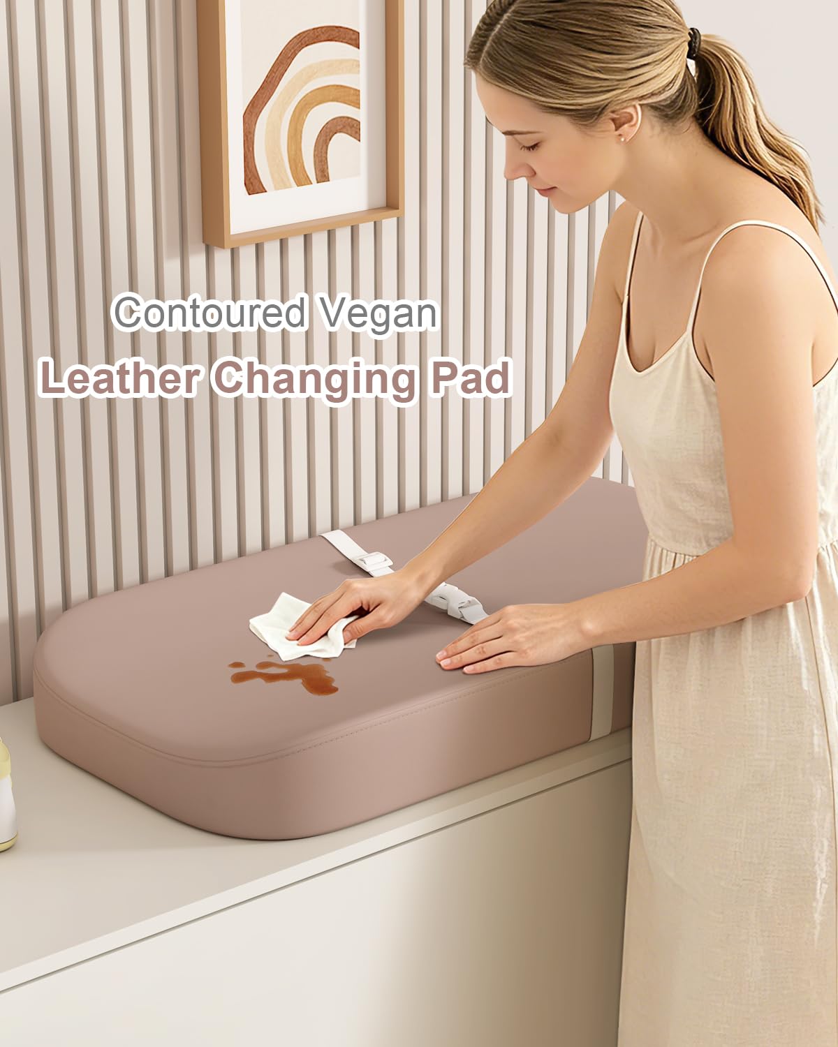 YACODAVO Baby Changing Pad Waterproof Leather Cover, Wipeable Diaper Changing Pad for Dresser and Table, Wipe-Clean Changing Table Pads with Safety Strap and Non Slip Bottom, Brown