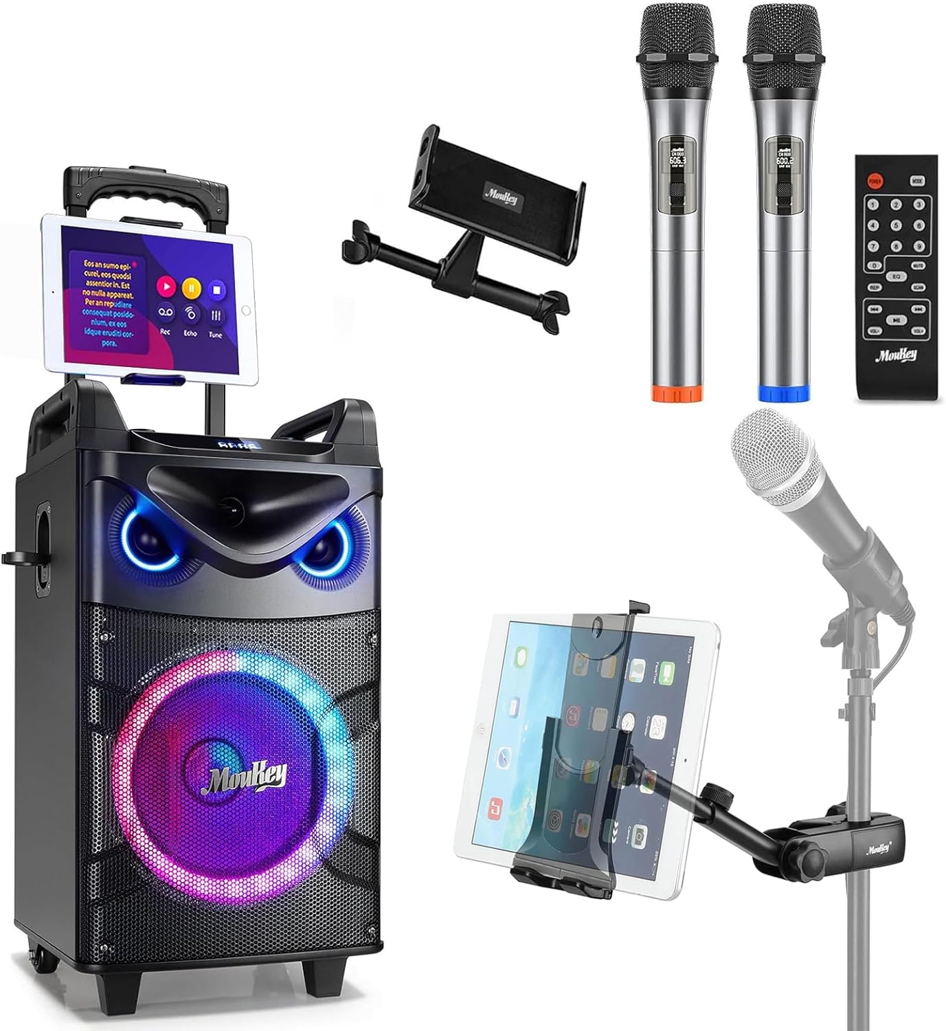 Moukey MTs10-2 Karaoke Machine with two wireless microphones, remote control, and an adjustable tablet holder.
