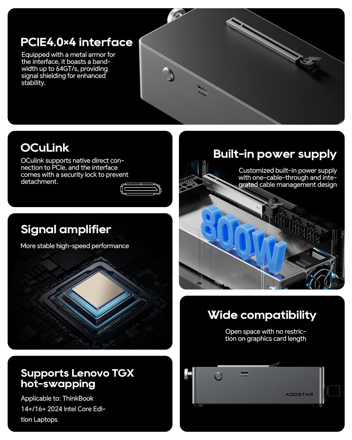AOOSTAR AG01 Dock eGPU con OCuLink, Dock per schede grafiche esterne, Alimentatore 800W integrato, per schede grafiche fino a 500W, Compatibile con laptop e Mini-PC con OCuLink