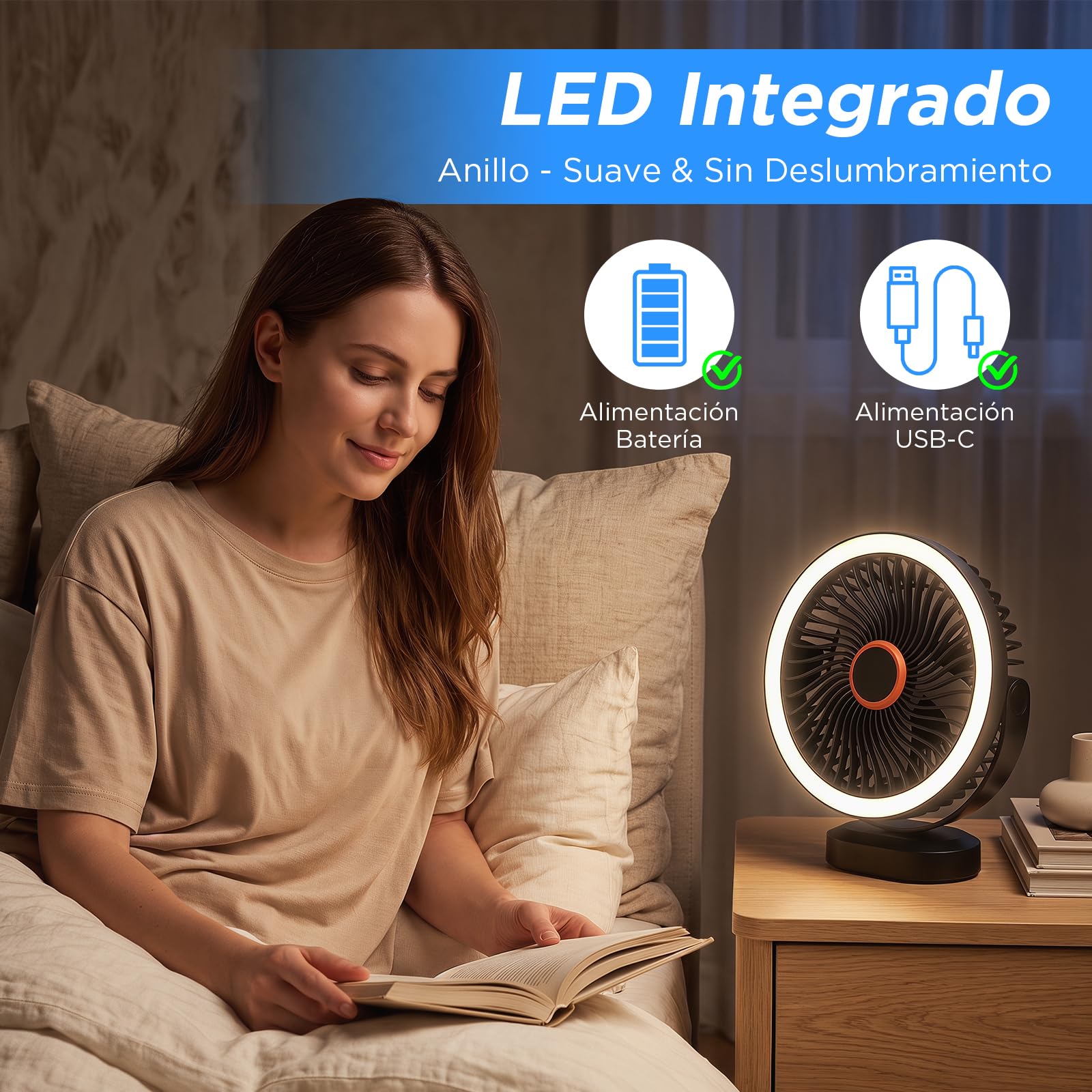 Lepwings Ventilador de Mesa, USB Recargable de 4400 mAh, 3 Velocidades, Ventilador Portátil de 8 Pulgadas con Luz LED y Gancho Colgante, Autonomía de 4-12H, para Oficina, Dormitorio, Camping
