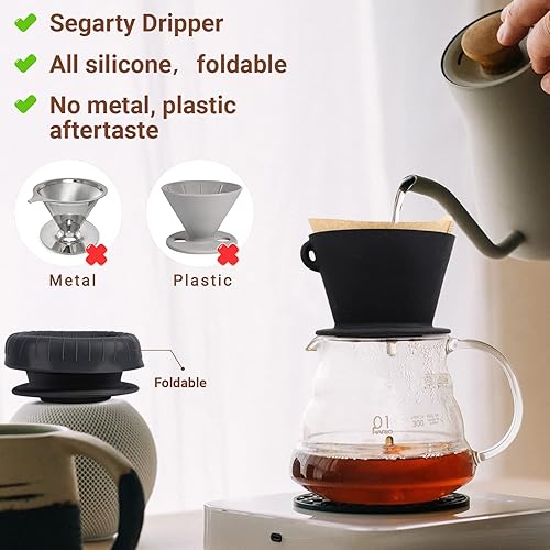 Miniatura 3 de Segarty Cafetera vertida, gotero de café de silicona negra con juego de bolsa de almacenamiento, tamaño n. 2, soporte de goteo reutilizable con 3
