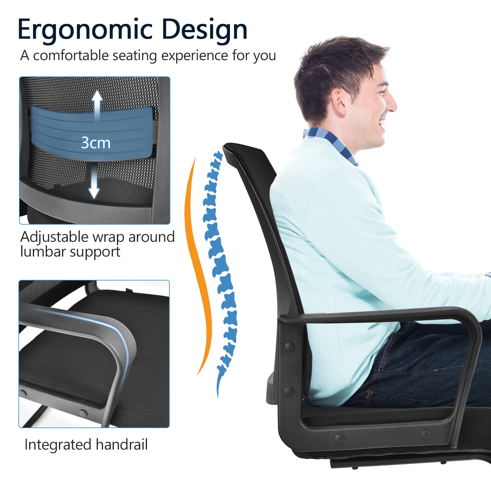 LIFEZEAL Ergonomiczne krzesło biurowe, krzesło konferencyjne z oparciem i podłokietnikami, krzesło komputerowe, maksymalna nośność 125 kg, do biura, domu, czarne