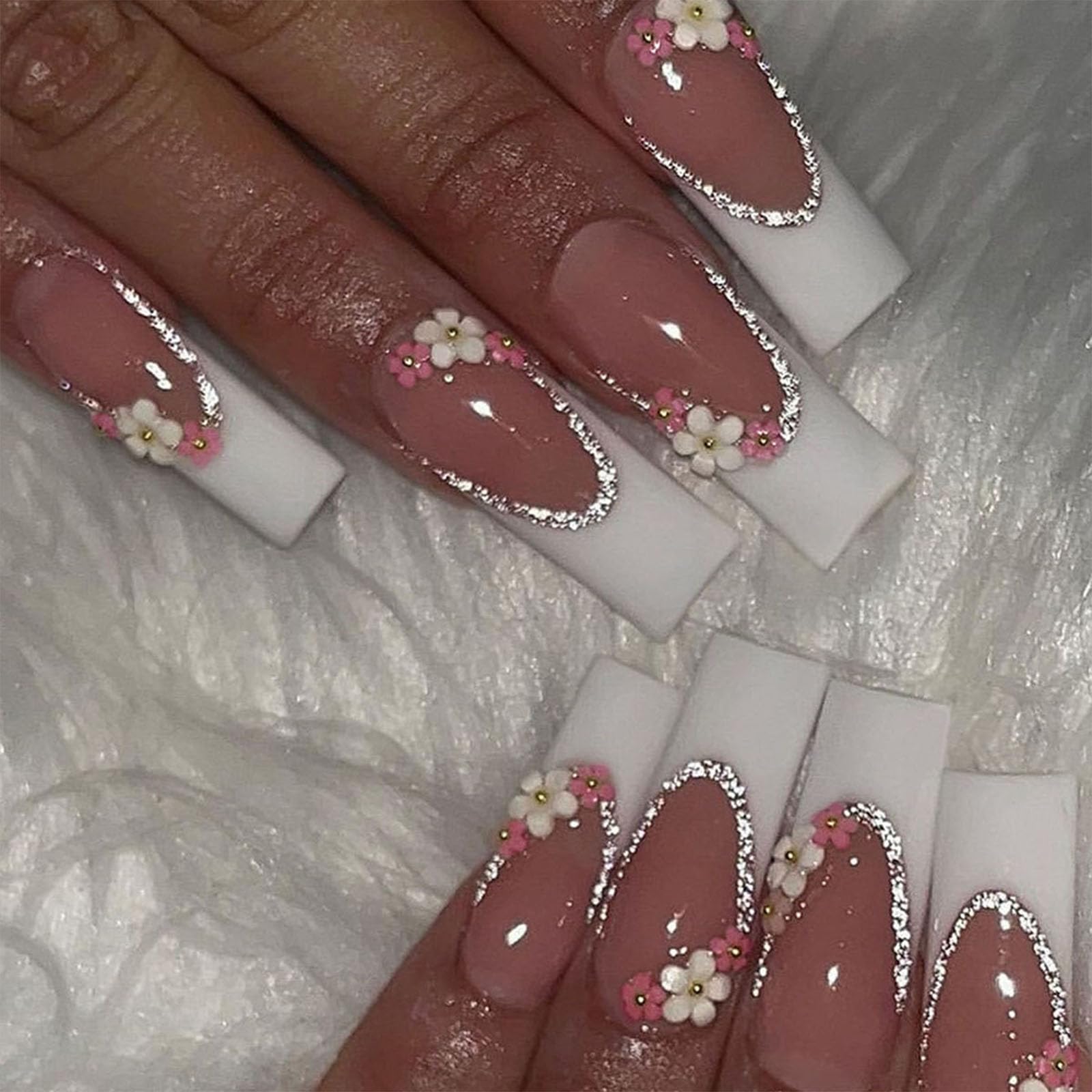 Press on Nails Medium Long White French Tip Fake Nails Press ons Square Bling 3D Flower Rhinestone False Nail Tips Glossy Artificial Glue on Nails for