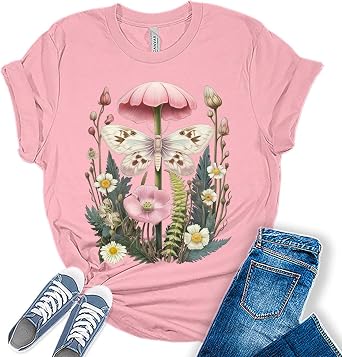 Womens Floral Shirts Wildflower Vintage Graphic Tees Spring Short Sleeve Cottagecore T Shirts Girls Fall Tops