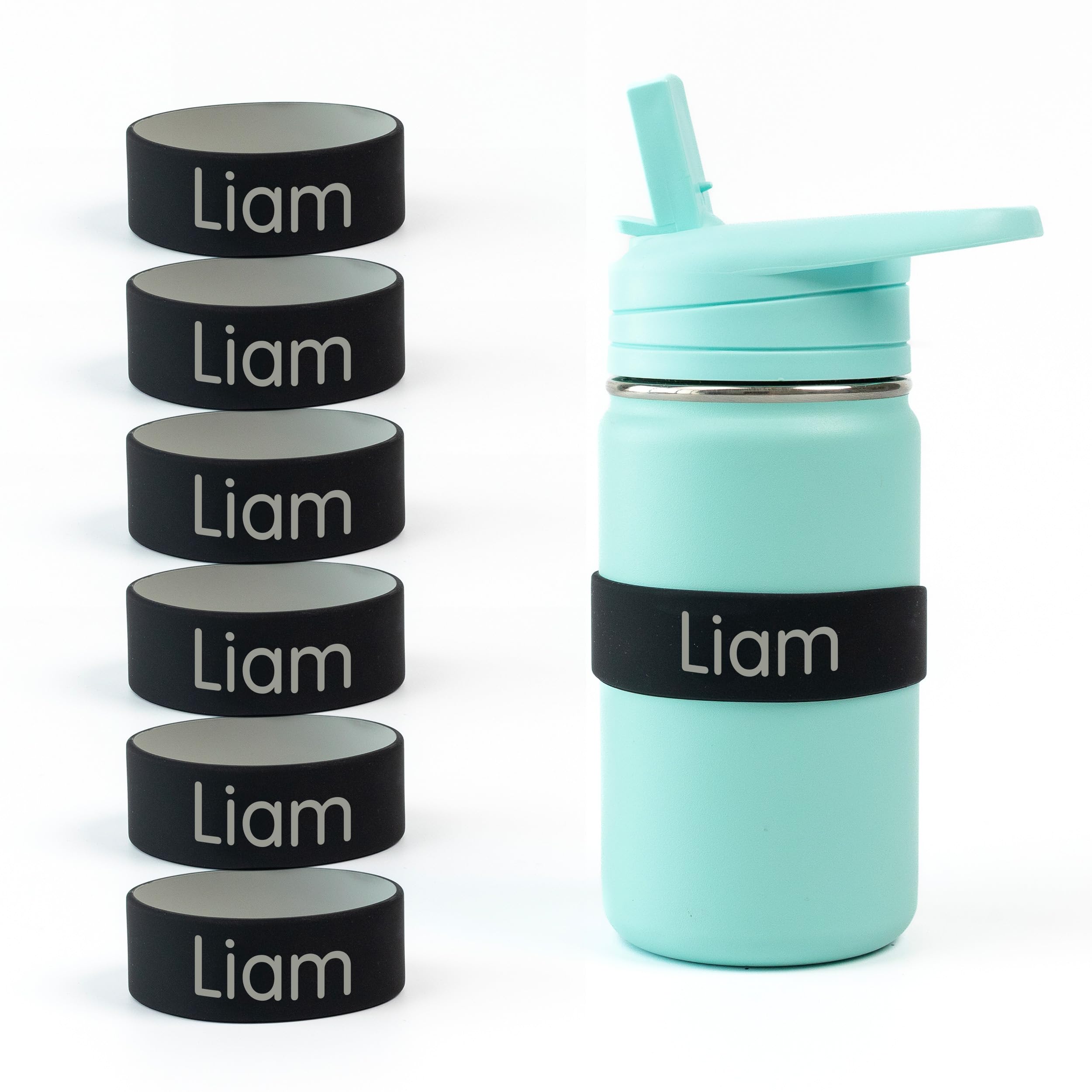Mabel’s Labels Personalized Two-Tone Engraved Silicone Name Bands – Reusable Dishwasher-Safe Name Bands for Water Bottles, Sippy Cups & Drinkware (