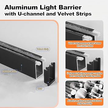 U-Channel Light Blocking Strips 2pcs, Bedroom Window Light Blocker w/Velvet Strip, Drilling Aluminium Alloy Shades Side Rail Customizable(White,185cm/74)