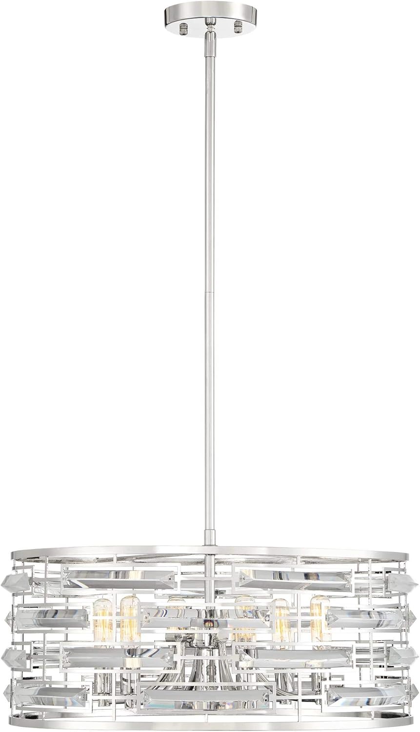 Possini Euro Design Smart Polished Nickel Pendant Chandelier Lighting 20" Wide Modern Drum Clear Crystal 6-Light Fixture for Dining Room Living House Home Foyer Kitchen Island Entryway Bedroom