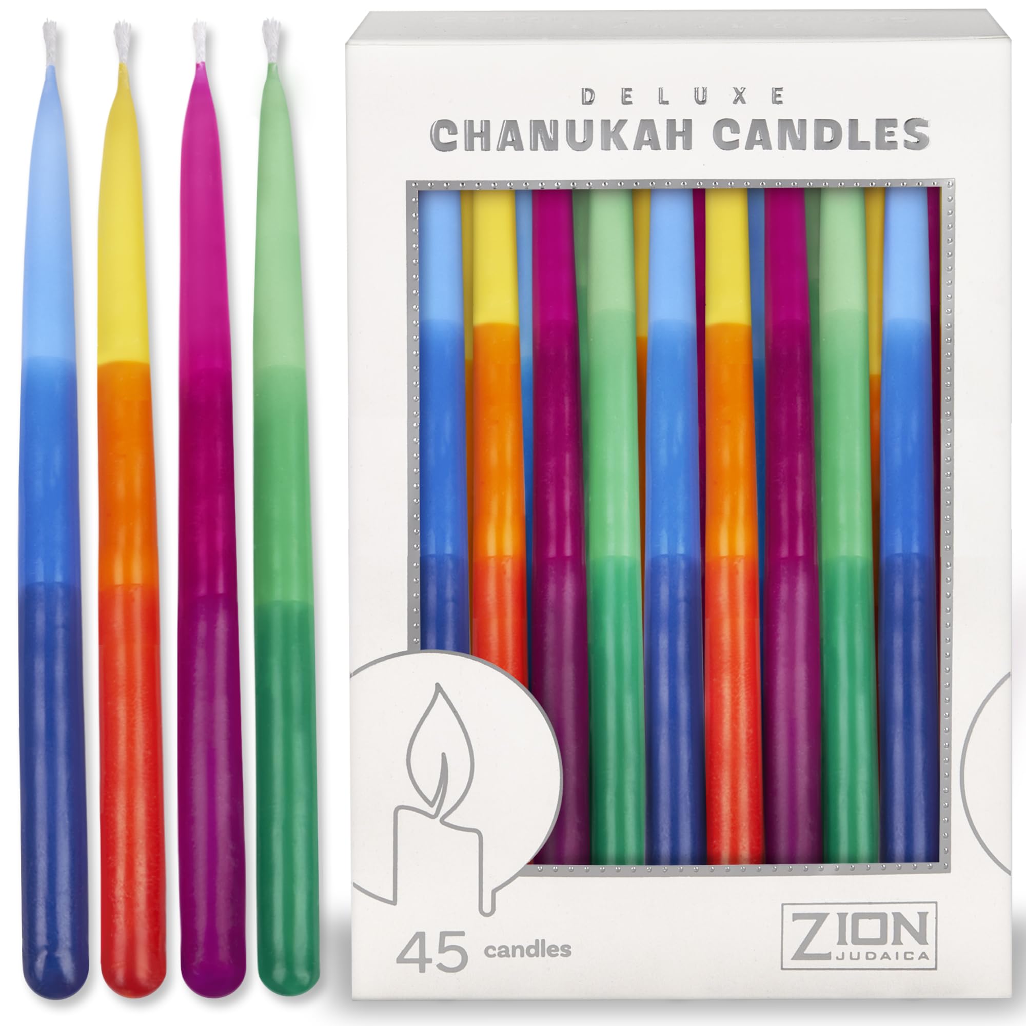 Hanukkah Candle Set of 45 Tri Tone Multi Color Candles, Prayer Card, DIY Dreidel