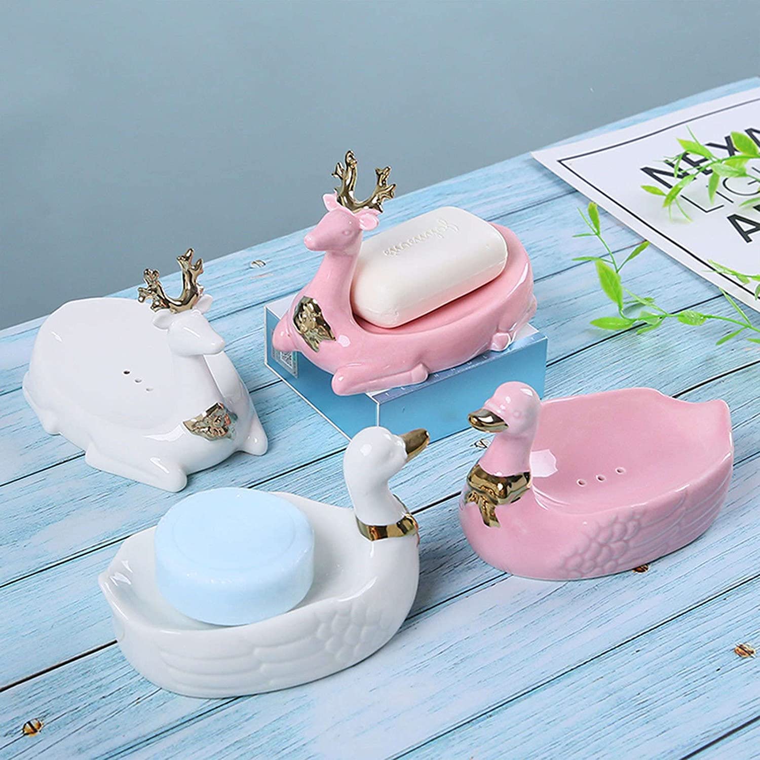 MAYABI jabonera jabonera de Ceramica Ceramic Soap Holder, Drain Soap Dishes, Soap Tray, For Bathroom Kitchen-Pink-Swan (Color : Roze, Size : Swan)