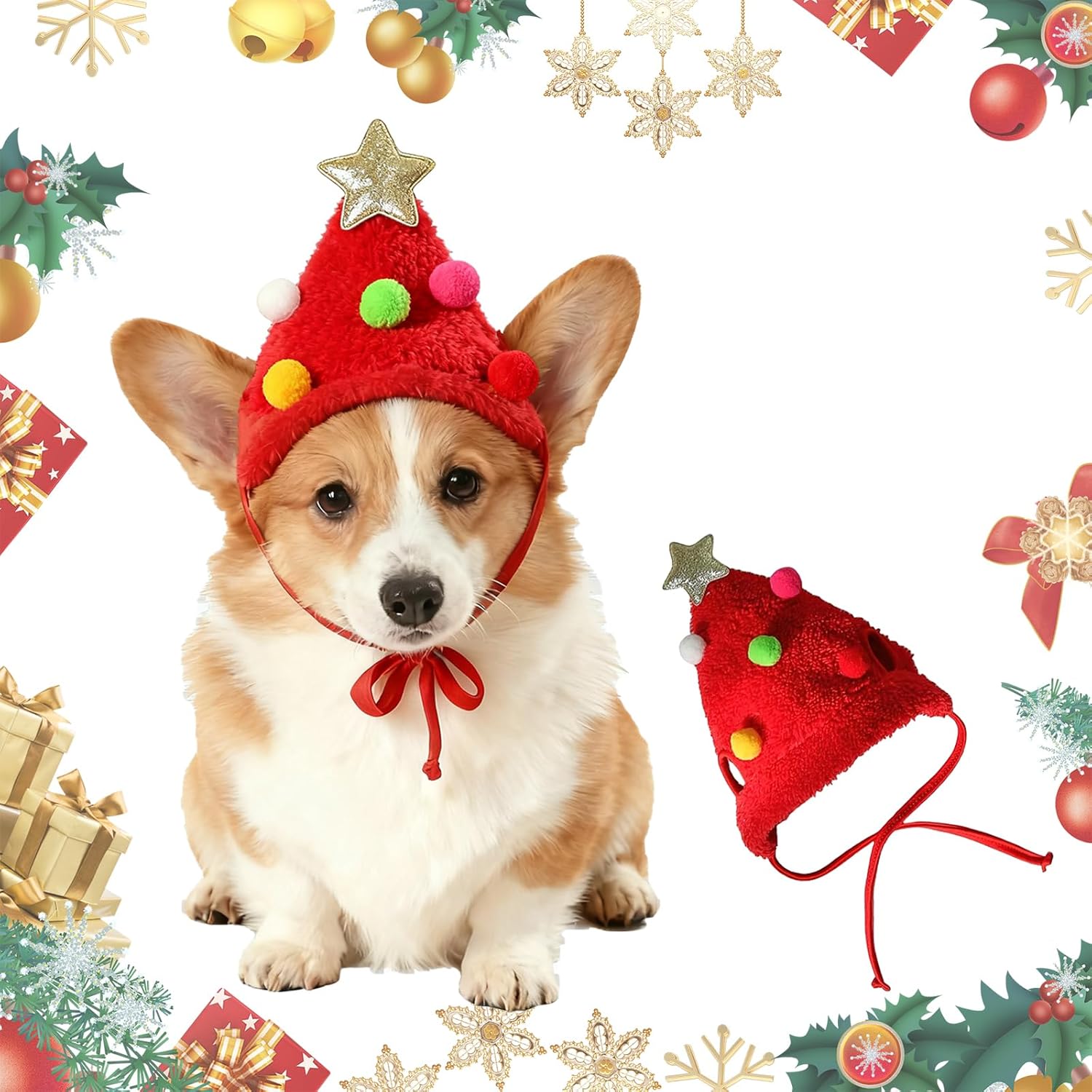 Zephyra Red Christmas Hat for Dogs Cats 4-7.5kg Christmas Hat with Pom Poms for Pets, Adjustable Accessory for Puppies and Kittens, Pet Festive Costume 2