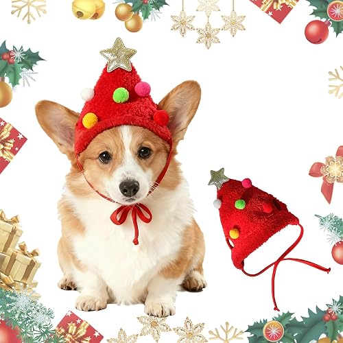 Zephyra Gorro de Navidad Rojo para Perros y Gatos de 4–7,5 kg, Sombrero Navideño con Pompones para Mascotas