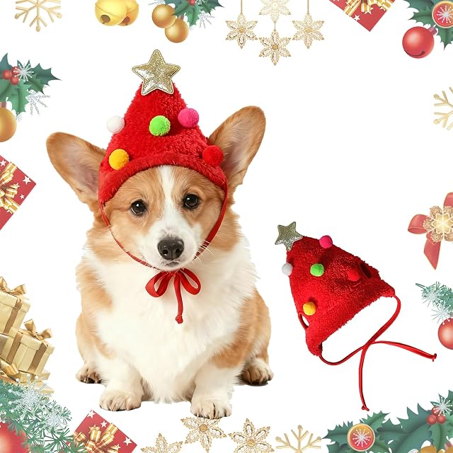 Zephyra Gorro de Navidad Rojo para Perros y Gatos de 4–7,5 kg, Sombrero Navideño con Pompones para Mascotas