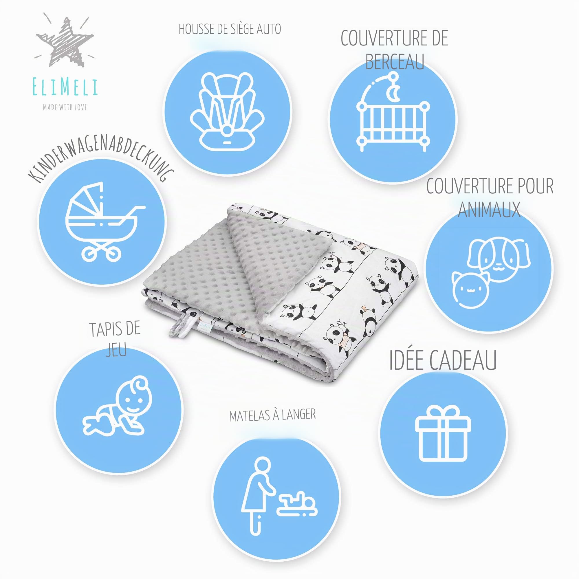 EliMeli Couverture Minky pour bébé, de qualité supérieure, super douce, en polaire et coton, à pois, avec rembourrage, 75 x 100 cm