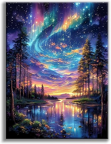 Offito Kits de arte de diamantes de cielo estrellado para adultos, kits de pintura de diamantes de lago Aurora 5D para principiantes, paisajes