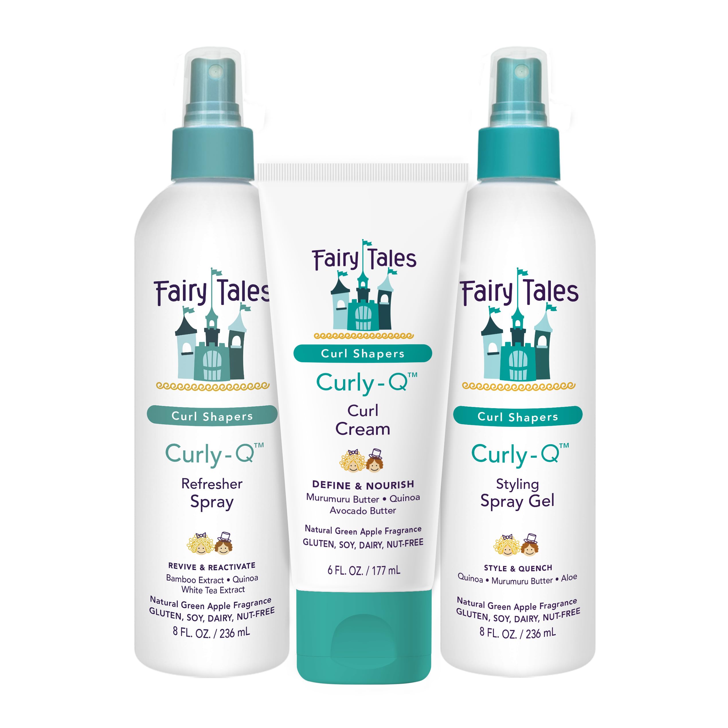 Fairy Tales Curly Q Kids Curly Hair Styling Products Set – Curl Cream, Curl Refresher & Curl Styling Spray Gel - Green Apple Scent, Phthalate, Paraben, Gluten Free, 3 Count