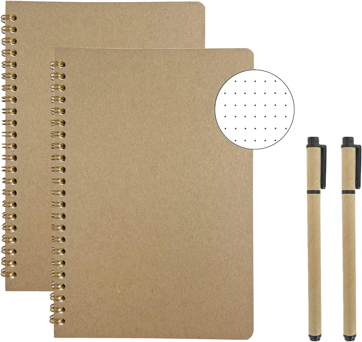 AOU A5 Dotted Bullet Journals Dot Grid Aesthetic Spiral Notebooks Paper Pad for Note Taking 2-Pack 200 Pages Writing Notepads for School 8.3" x 5.7" with 2 Gift Black Ink Gel Pens
