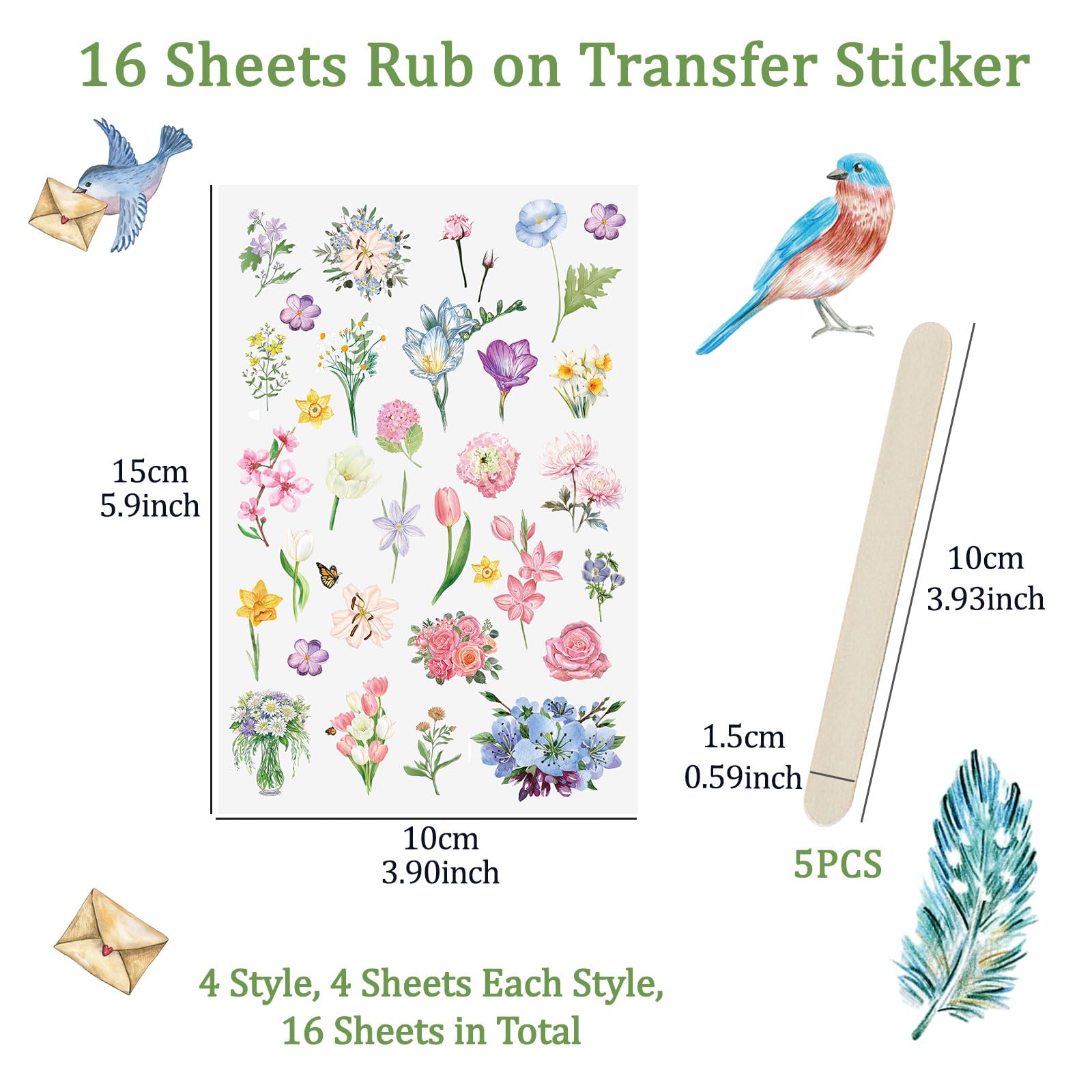BOOMTOP 4 vellen Rub On stickers, zwarte bloemen, transferstickers, zelfklevend, lentestickers, paardenbloem, planten, rub on folie, bloem, vlinder, rub, ons, bloemen voor glas, hout, meubels