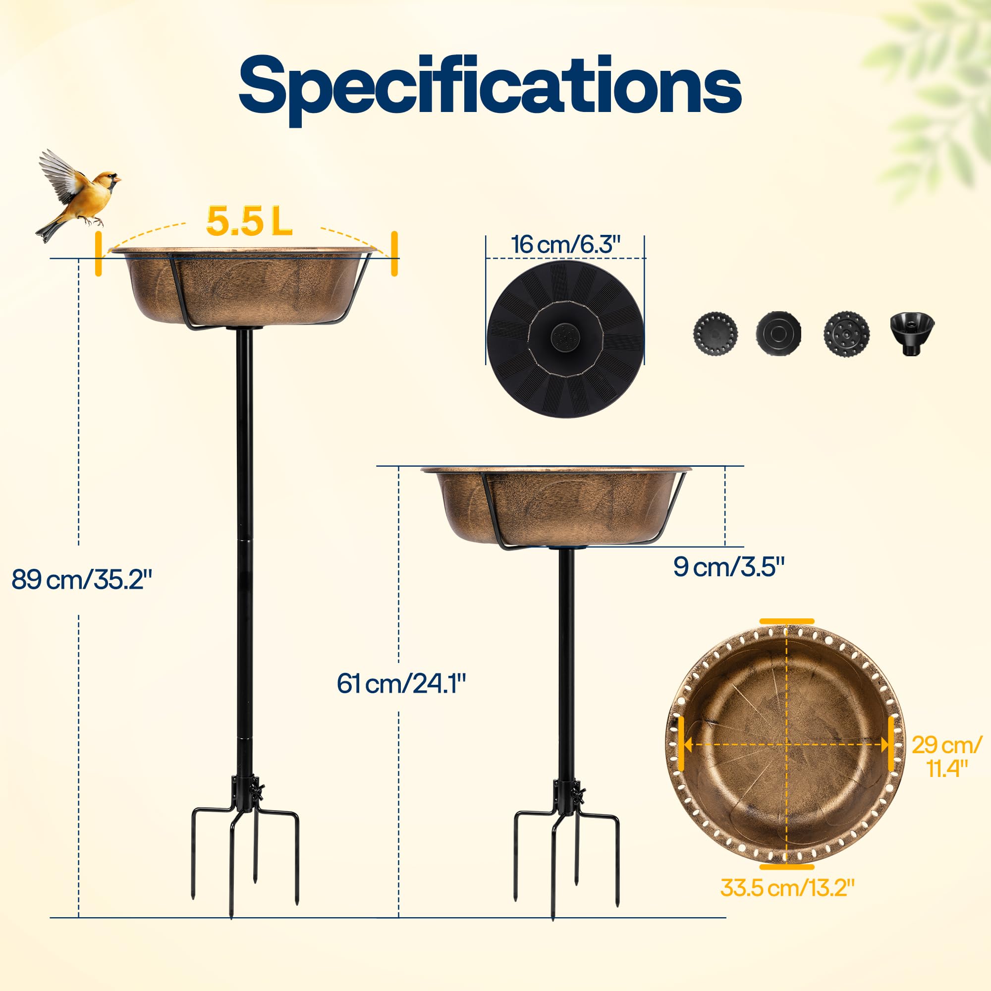 VIVOHOME Solar Bird Bath, Drinking Water Bowl with Sun-Powered Fountain for Garden, Upgraded 5-Pronged Base, Birdbath & Birdfeeder for Garden Lawn Backyard Retro Copper - 3