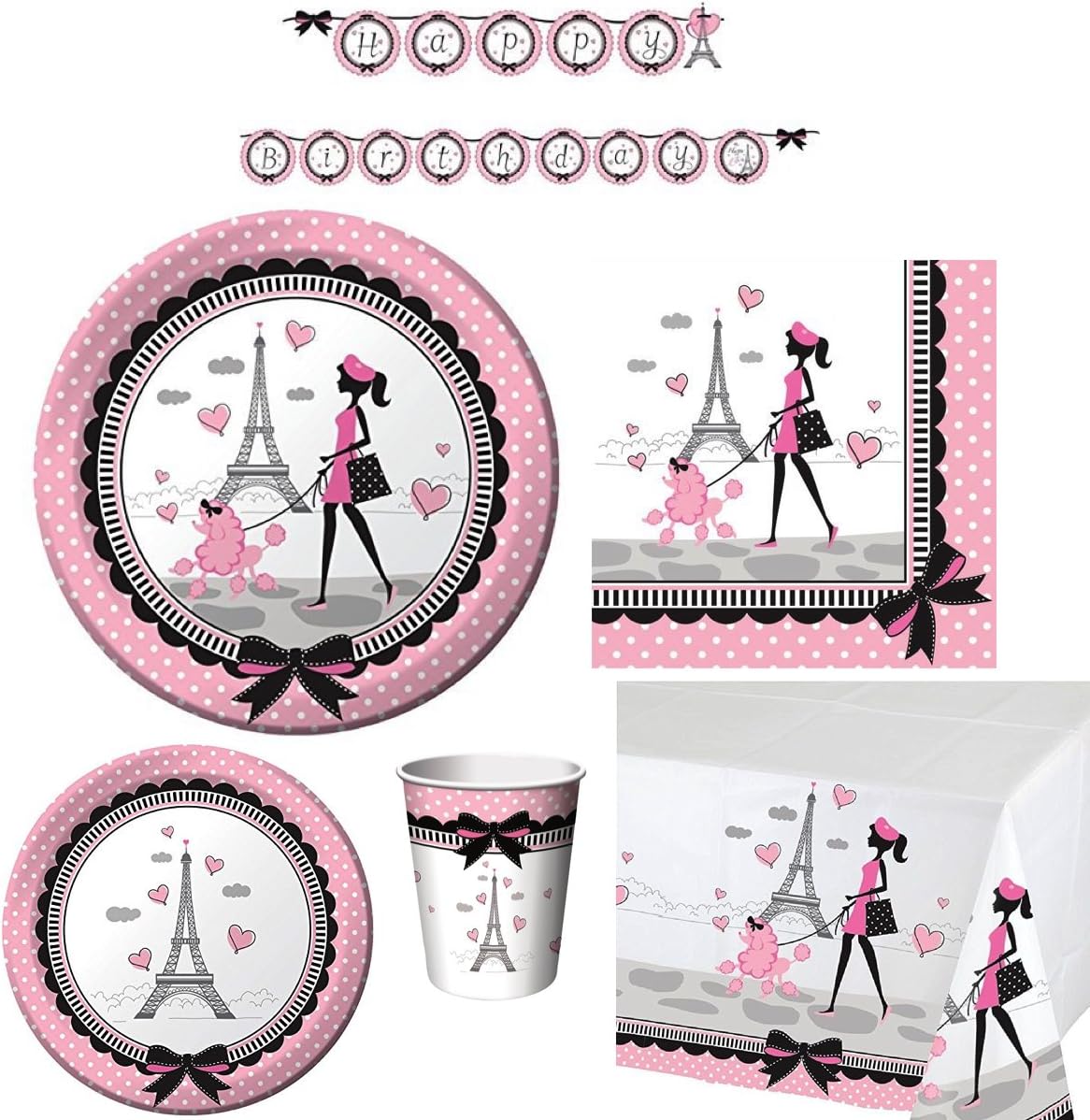 NOOBECR Party in Paris Tableware Party Bundle: Includes Plates, Napkins, Cups, Tablecover, and Banner (Serves 8)