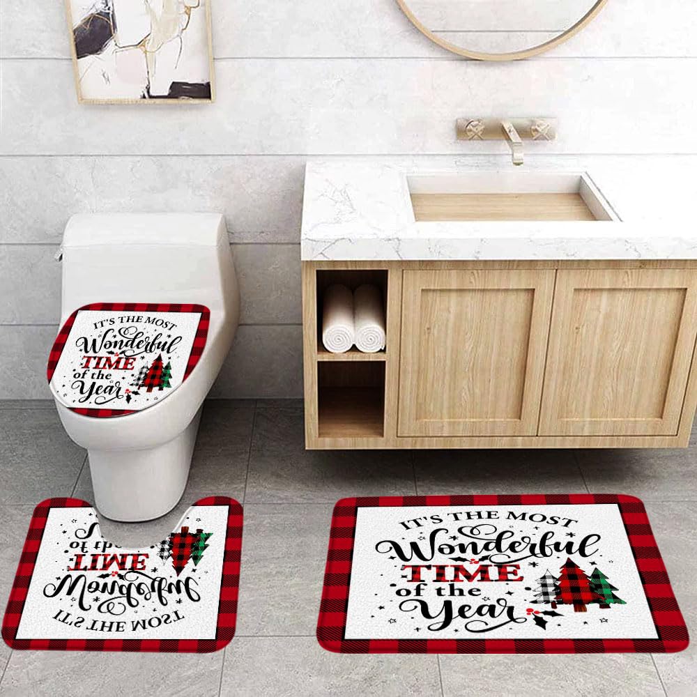 VPUPCN Christmas Trees 3 Pcs Bath Rugs Set,Red Black Buffalo Plaid Pine Tree Snowflake Farmhouse Winter Holiday Bathroom Kitchen Rug with 17.8
