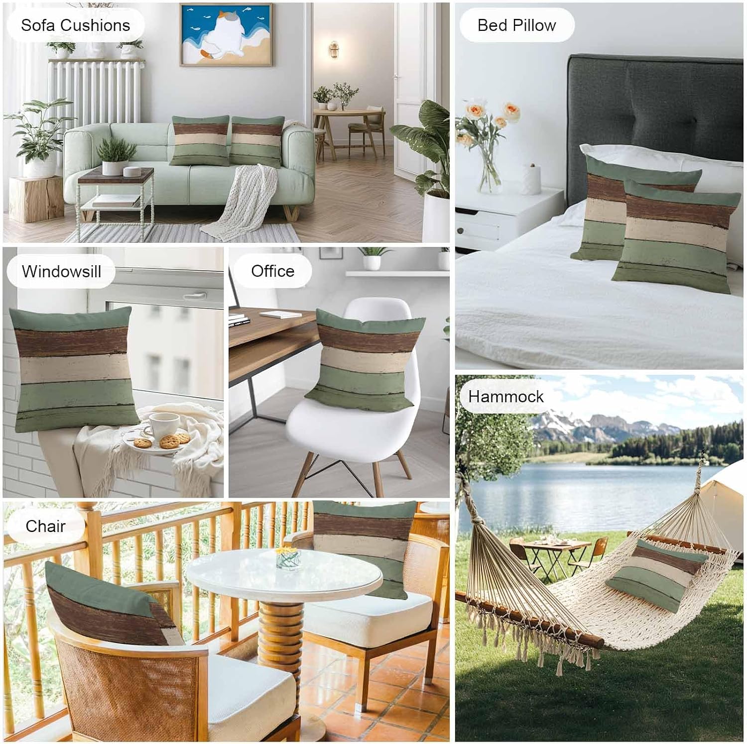 Vandarllin Outdoor Throw Pillow Covers 20X20 Set of 2 Waterproof Sage Green Brown Decorative Zippered Cushion Covers for Patio Furniture, Farmhouse Retro Rustic Barn Wood Texture Lumbar Pillowcases
