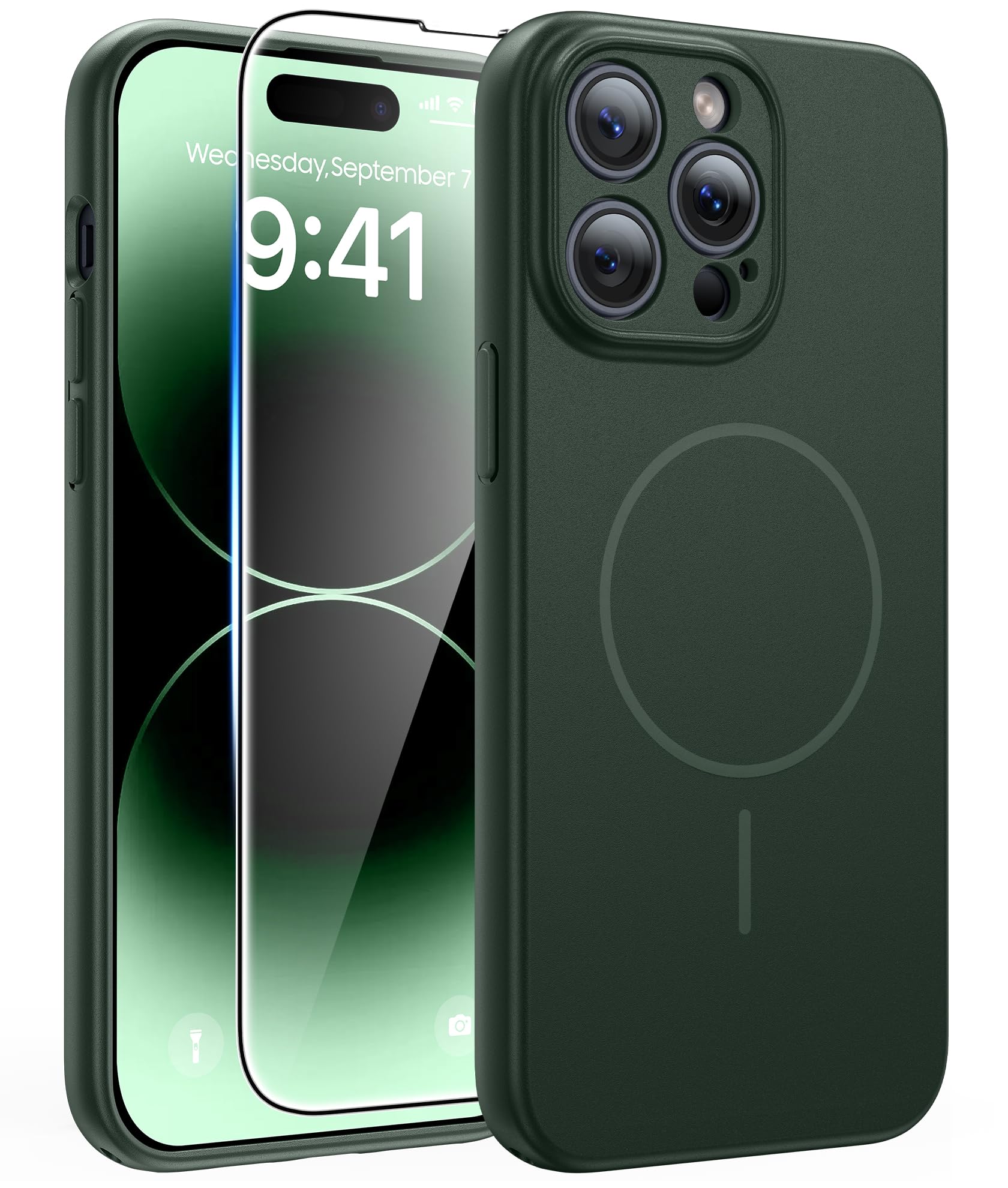 FNTCASE for iPhone 14 Pro Max Case Green: Compatible with MagSafe | With Screen Protector, Translucent Magnetic Full Camera Protection, 14FT Military Grade Drop Tested, Matte Shockproof Cover