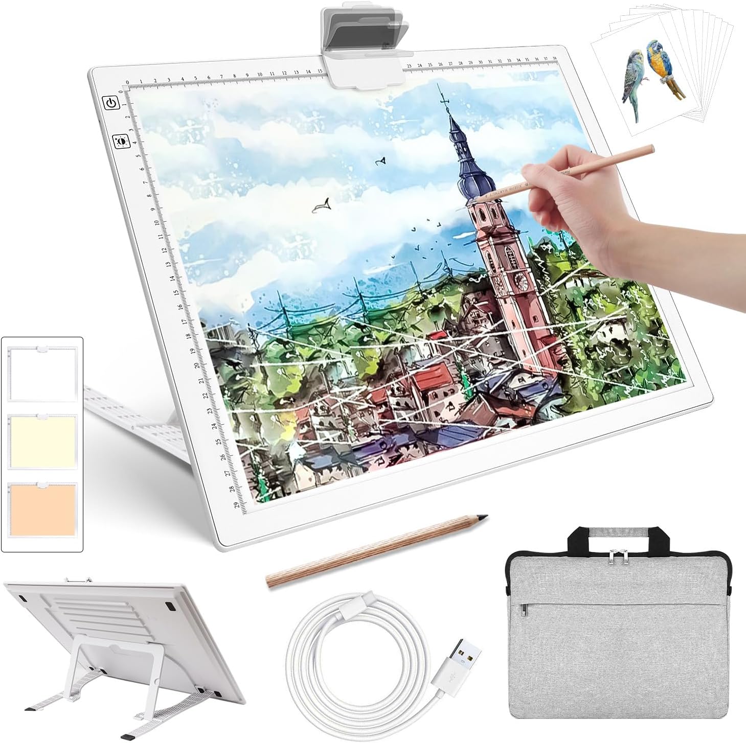 Rechargeable A3 Diamond Art Light Board with Padded Case,Light Pad with Stand,3 Colors Stepless Dimmable and 6 Levels of Brightness Light Box for tracing,Diamond Painting,Drawing,Sketching(White)
