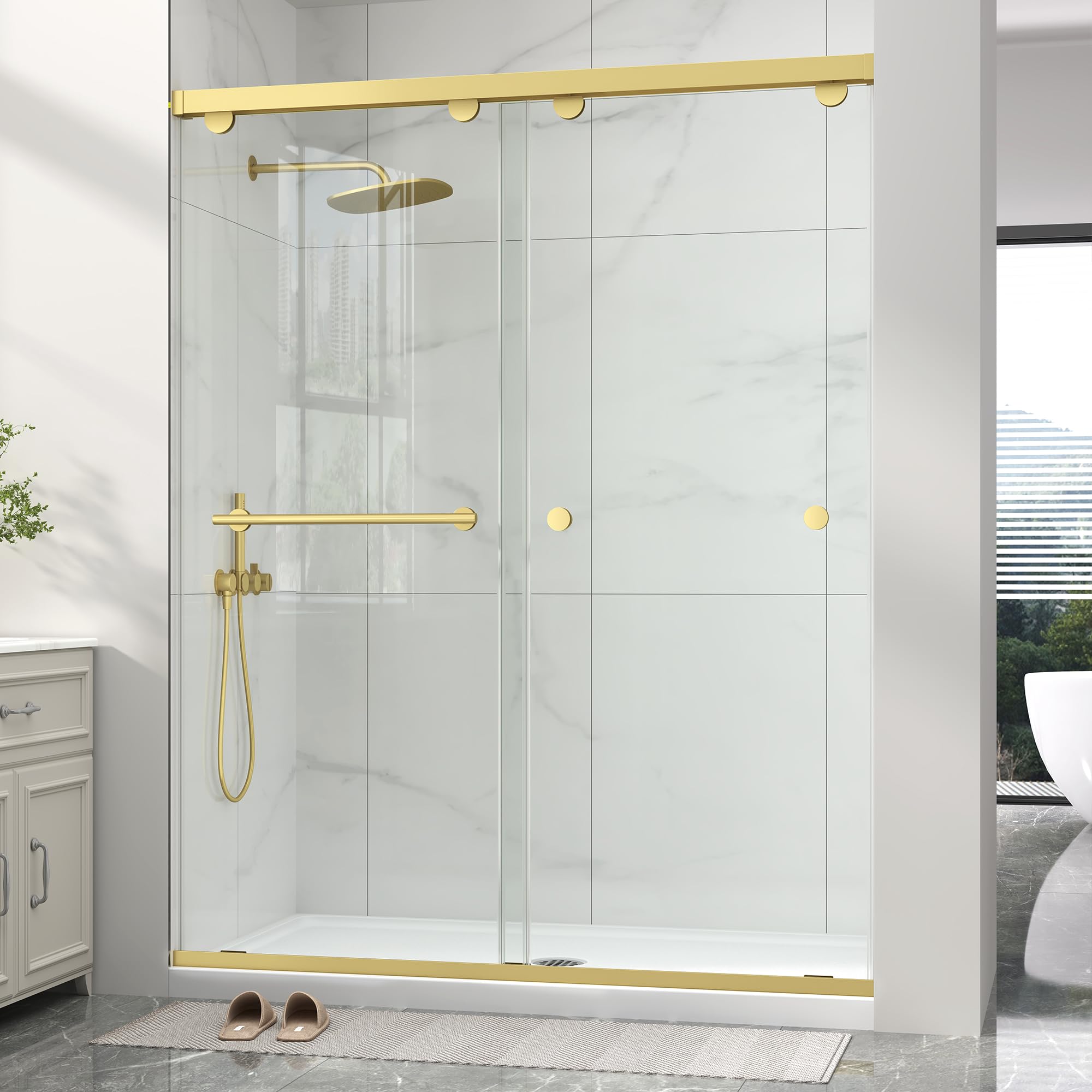 Photo 1 of Frameless Shower Door with Soft-Close & Anti-Leak,5/16" (8mm) Double Sliding Shower Door,Nano Coating Anti-Explosion Film SGCC Tempered Glass 43"- 48" W x 76" H,Brushed Gold