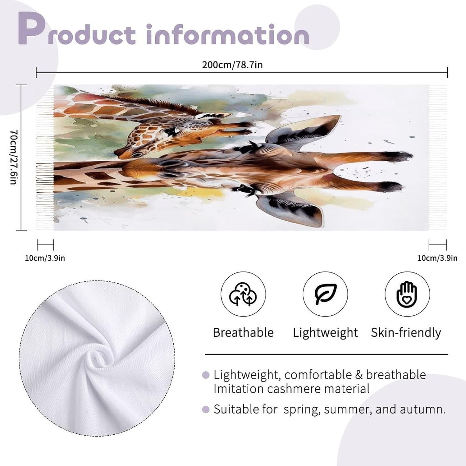 Watercolor Deer Giraffe Winter Scarf for Women Soft Tassel Scarves Oversized Wraps Long Shawl Cold Weather Thick Blanket Scarfs