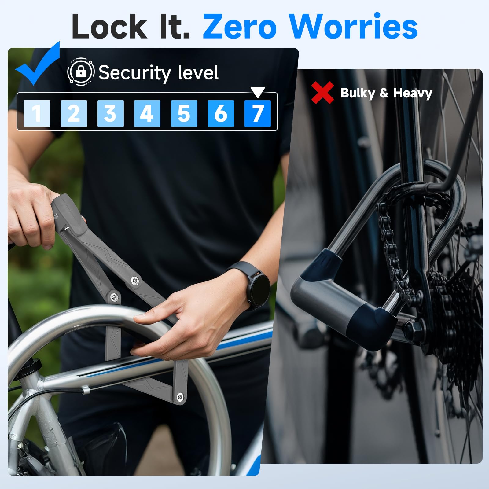 Lucchetto Pieghevole per Bici, Moman Antifurto Pieghevole Portatile Lucchetto per Bicicletta 80cm Alta Sicurezza Acciaio Temprato con Supporto & 2Chiavi di Sicurezza per Bici Moto E-Scooter, Grigio