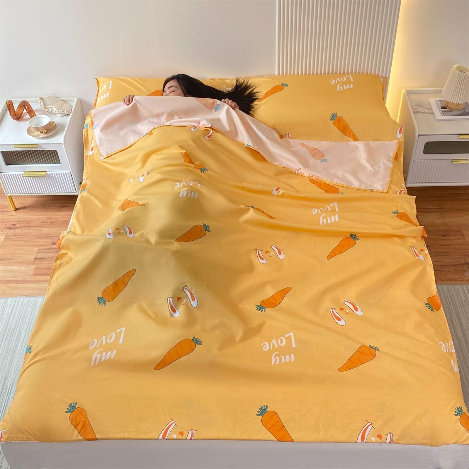 Highdi Sleeping Bag Liner Travel, Sleeping Bag Liners for Adults Portable Lightweight Sleeping Bag Soft Prevent Dirty Sleep Bag Liner with Pillow Slot for Hostels (Carrot,200 * 210)