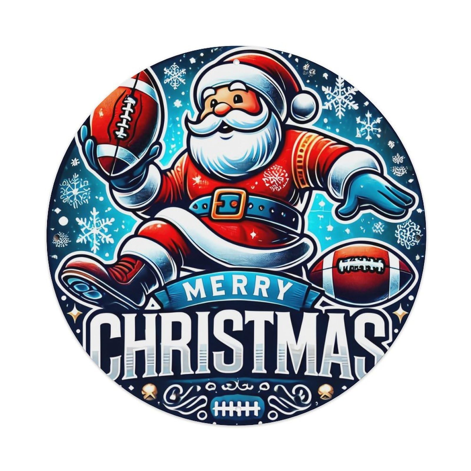 Jdyaojiesheng Vintage Santa Football Christmas Snowflake Pattern Round Tin Sign Retro Metal Wall Decor Metal Poster, Home Bar Garage Farmhouse Cafe Wall Art Decoration 8X8inch