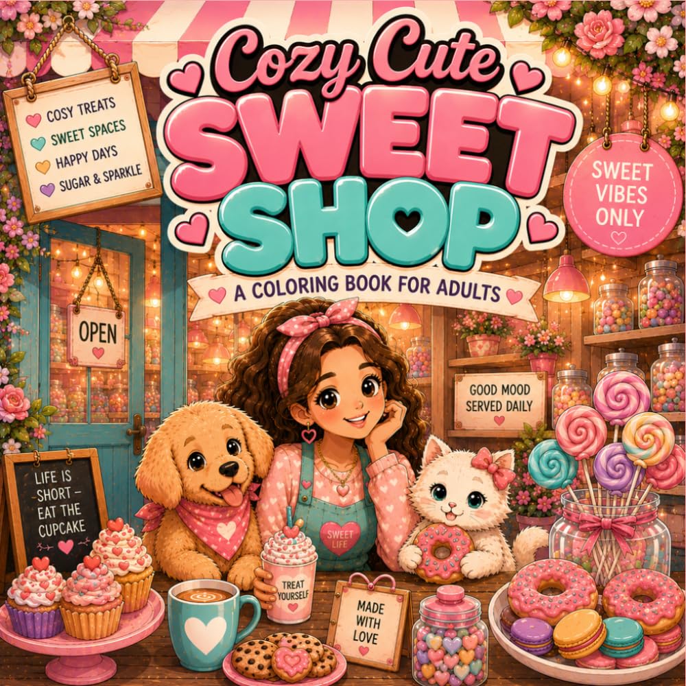 Cozy Cute Sweet Shop: A Cozy Coloring Book for Adults Filled with Sweet Treats, Candy Shops, Cozy Cafés, Cute Animals, Donuts, Cupcakes, and Playful Dessert Chaos
