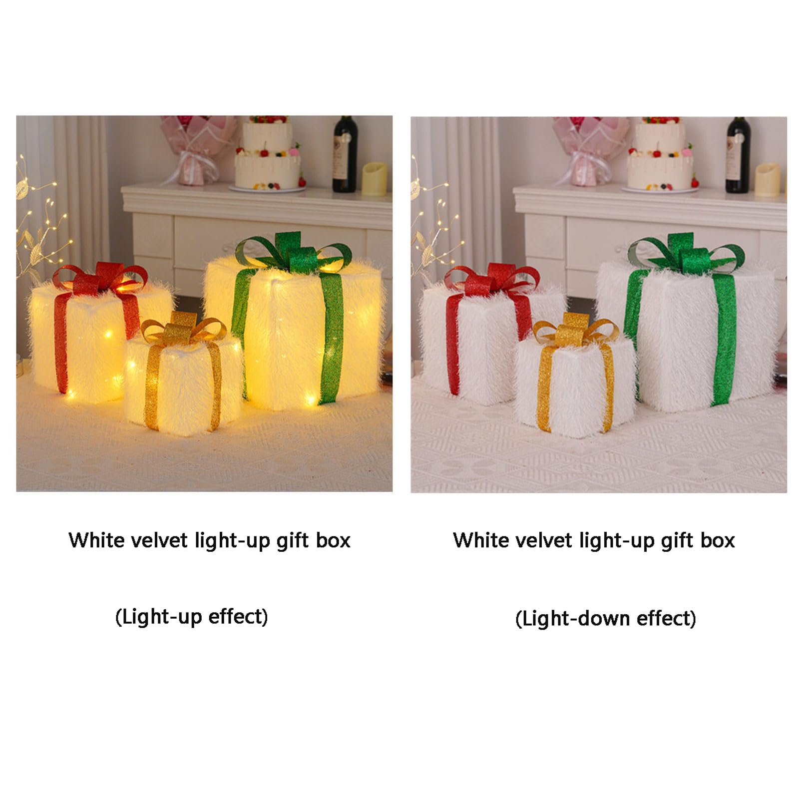 ozdoby świąteczne, Pudełko prezentowe LED na Boże Narodzenie, 3 sztuki, z pilotem i 8 trybami, białe, 15-25 cm(White Brocade Gift Box,Colorful)