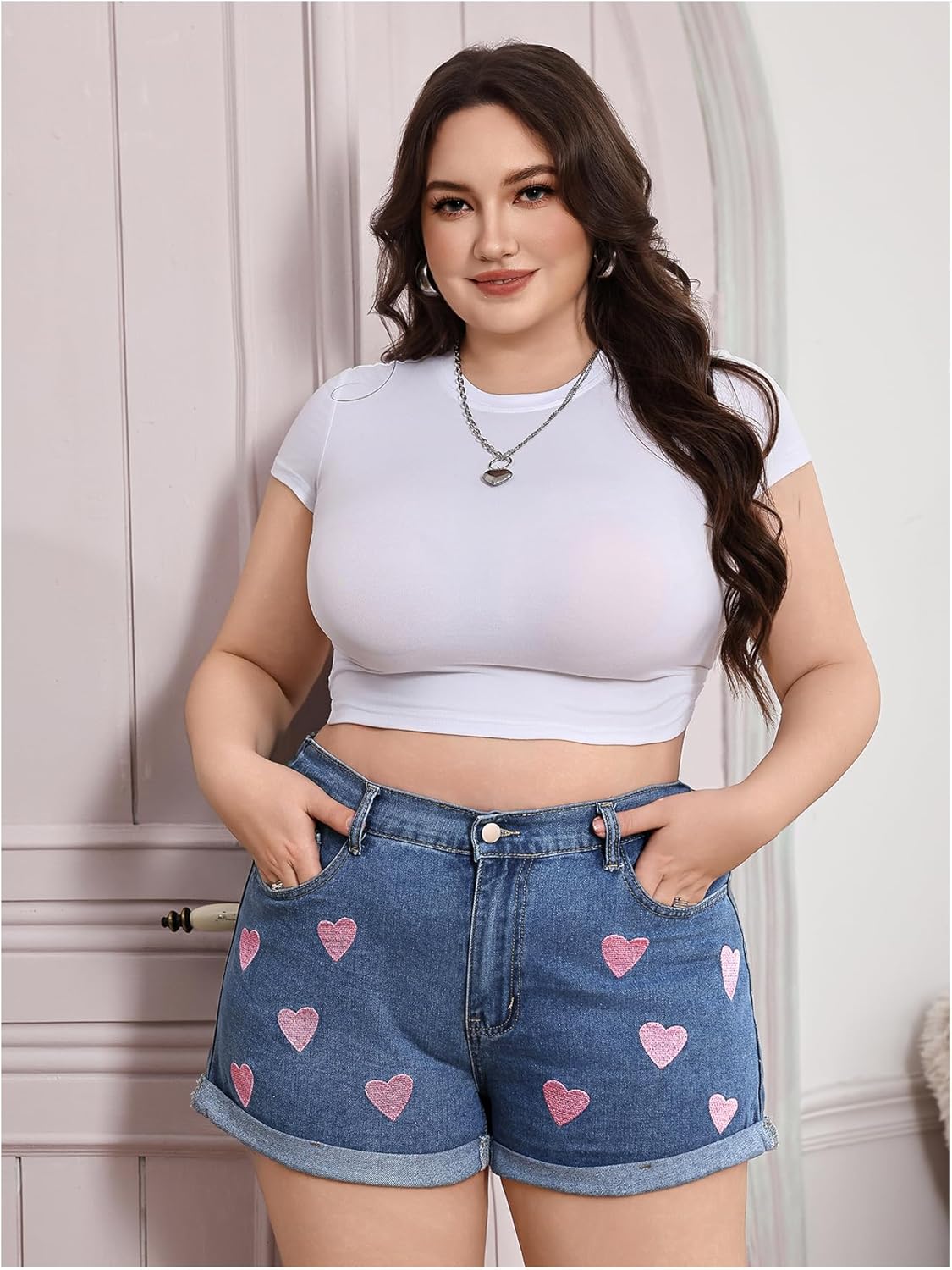 MakeMeChic Women's Plus Size Denim Shorts Heart Embroidery High Waist Y2k Denim Shorts - Image 6