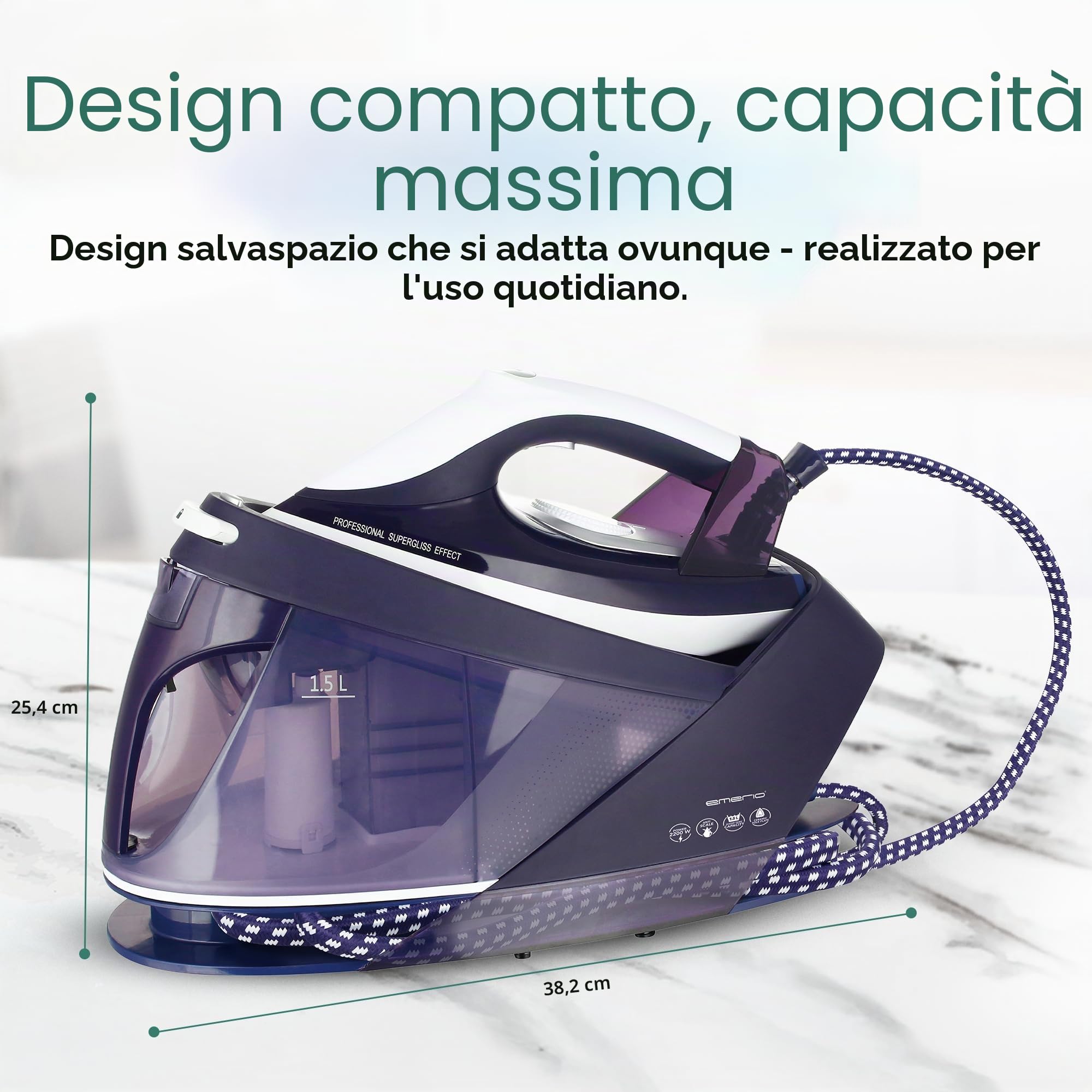Emerio Ferro da stiro a vapore, 2200 Watt, 5,5 bar, capacità di 1500 ml, potenza massima 200 g, serbatoio rimovibile per una facile ricarica, termostato regolabile, piastra in ceramica | SG-123562