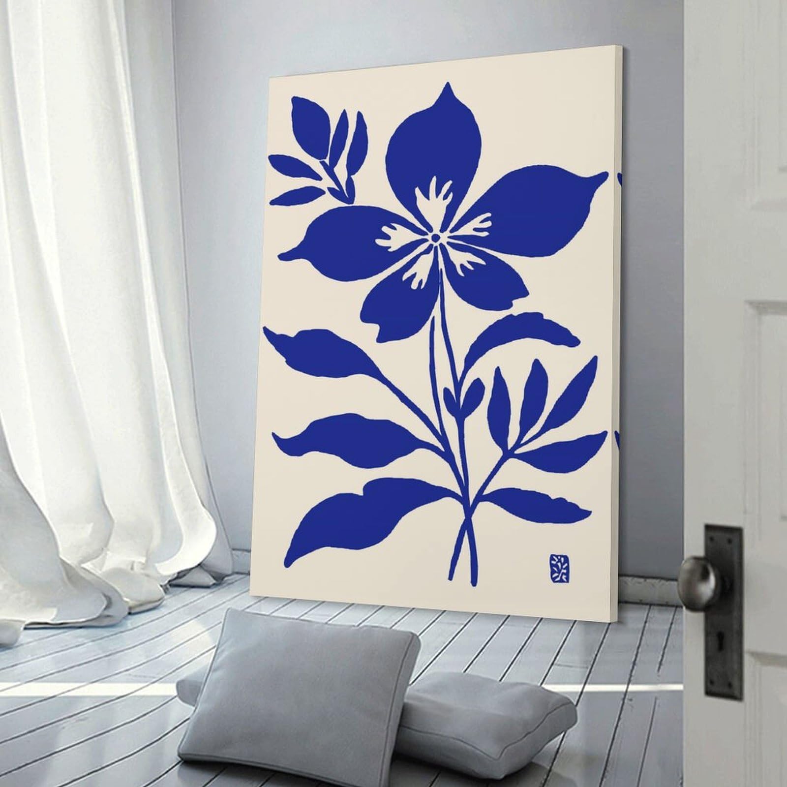 Junmoney Blue Flower Illustration on Beige Background Wall Picture Print 24x36inch(60x90cm), for Picture Wall Styling in Lounge Or Bedroom, Ideal for Building A Coordinated Art Wall