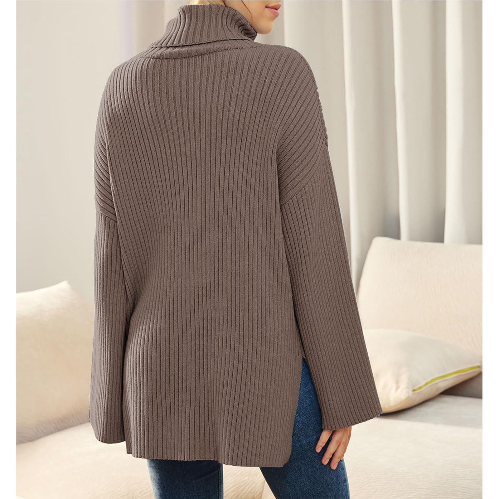 Greabuy Maglione a collo alto oversize alla moda da donna maglione a costine felpa per donna maglione casual camicie da donna maglioni da donna felpe leggere in maglia, Verde militare, L