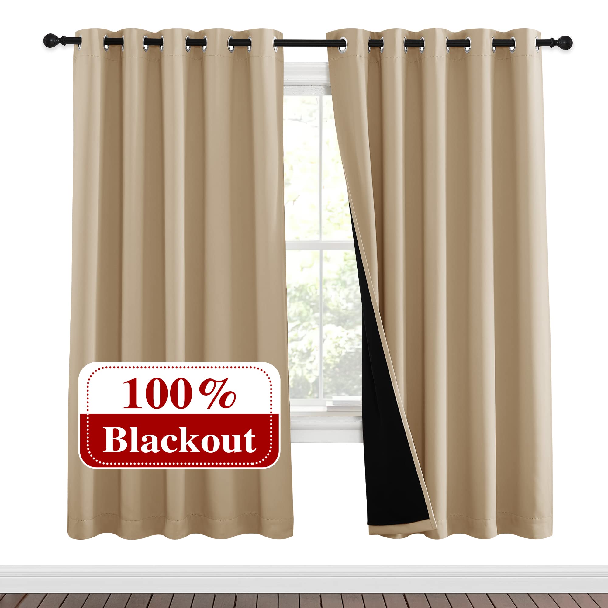 NICETOWN Living Room Completely Shaded Draperies, Privacy Protection &amp; Noise Reducing Ring Top Drapes, Black Lined Insulated Window Treatment Curtain Panels(Biscotti Beige, 2 Pieces, W62 x L72)