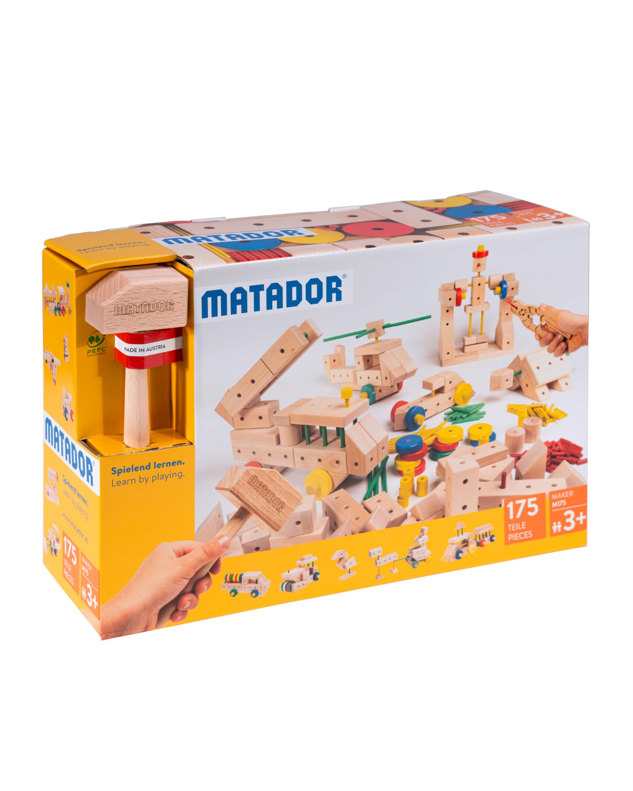 Matador Set di Costruzioni per Bambini da 3 Anni – 175 Pezzi | Gioco di Costruzioni in Legno coinvolgente per sviluppare creatività e motricità fine, con aste, Blocchi, Martello e Pinza