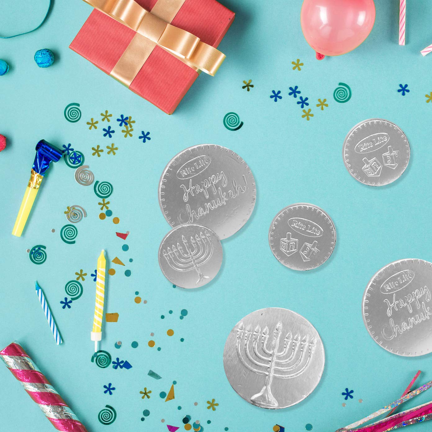 Rite Lite Chanukah Dark Chocolate Gelt Chocolate Large Coins - 24 Bags In a Display Box - .5 Ounces of Chocolate Extra Large Coins, 1 Extra Large and 3 Small Coins Pack of 24 Hanukkah (Non Dairy)