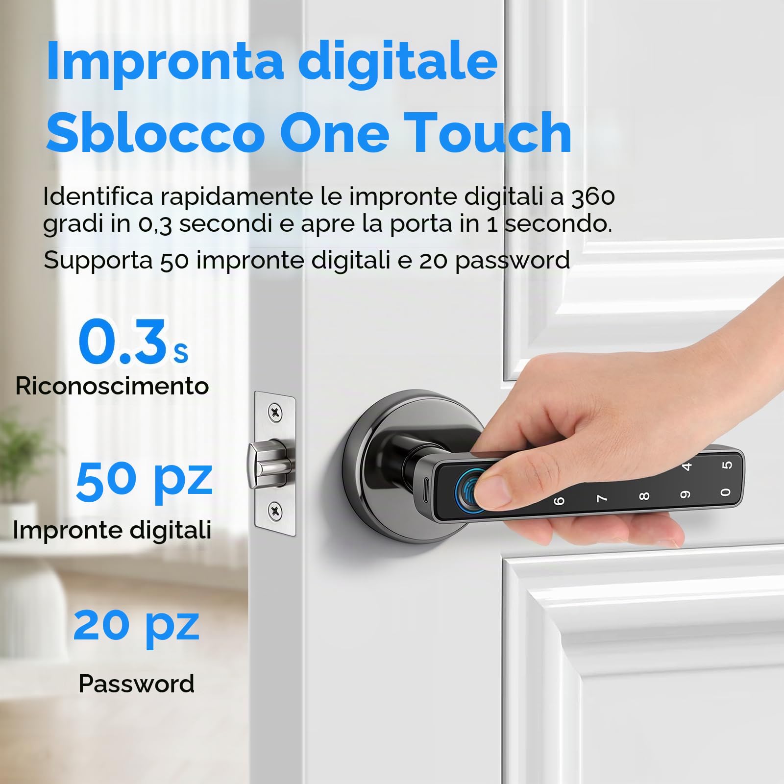 Serratura Intelligente per Porta,Impronta Digitale,Tastiera e Controllo APP | 5 Modalità di Sblocco: impronta/codice/badge/APP/chiave/chiusura automatica, senza chiavi per casa, ufficio, appartamento